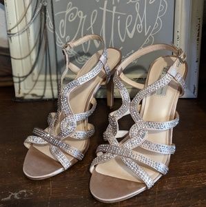 Sandal heel rhinestone satin gold open toe sandal